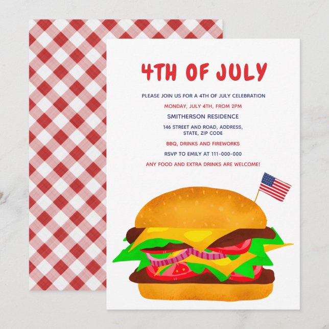 Funny burger american flag plaid bbq 4th of July Invitation (Front/Back)