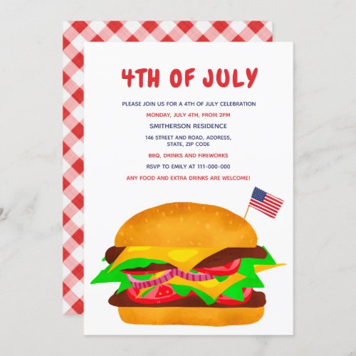 Funny burger american flag plaid bbq 4th of July Invitation