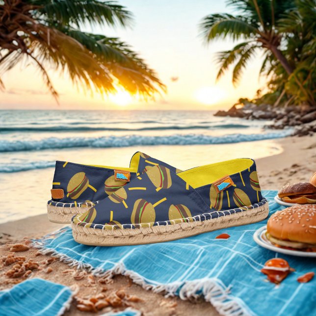 Funny Burger and French Fries Navy BBQ Espadrilles (Wear them to the beach!)