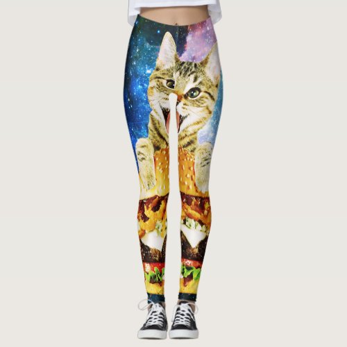 Funny burger cat space leggings