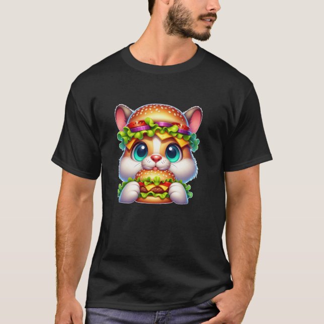Funny Burger Cat with Cheeseburger Hat T-Shirt (Front)