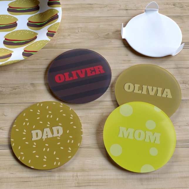 Funny Burger Family Name BBQ Party Fast Food Coaster Set (A fun family burger party set of coasters. Just add your names)