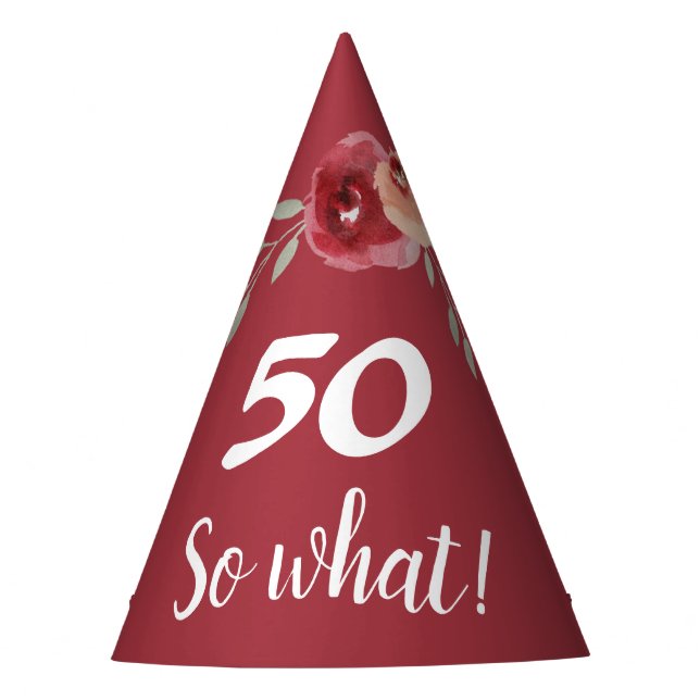 Funny Burgundy Roses Floral 50th Birthday Party Hat (Front)