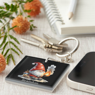 Funny burning marsh mellow gnome camping keychain