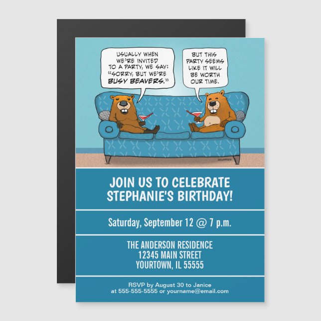 Funny Busy Beavers Birthday Party Magnetic Invitation (Front/Back)