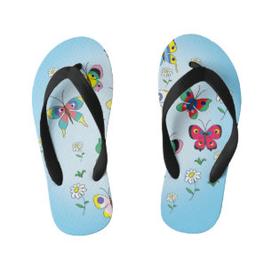 funny butterflies on the background of the sky kid's flip flops