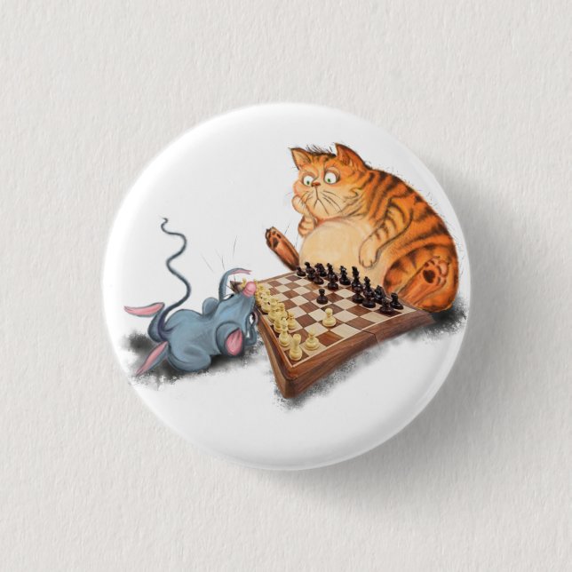 Funny Button with Cat and Mouse Playing Chess (Front)
