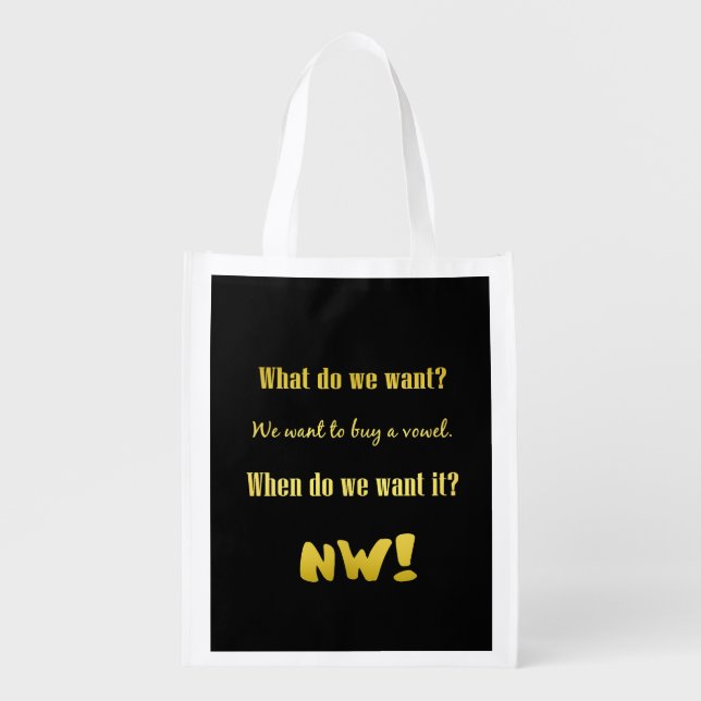Funny Buy a Vowel — Now! Grocery Bag (Front)