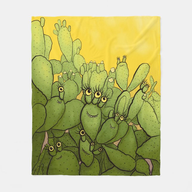 Funny Cactus Green Yellow Succulent Fleece Blanket (Front)