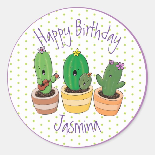 Funny cactus trio cartoon illustration classic round sticker (Front)