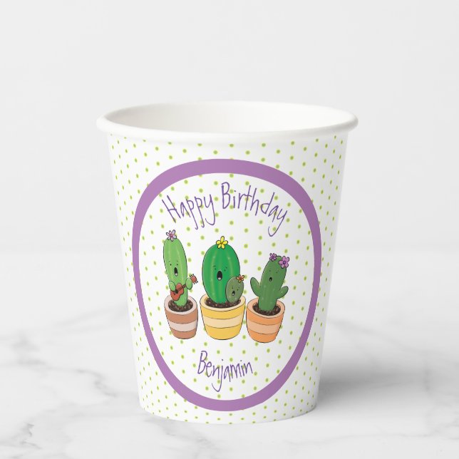 Funny cactus trio cartoon illustration paper cups (Front)