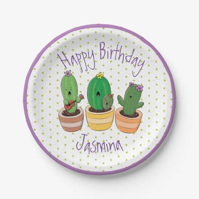 Funny cactus trio cartoon illustration paper plates (Front)