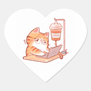 Funny Caffeinated Cat Sticker, Cute Overworked Gin Heart Sticker