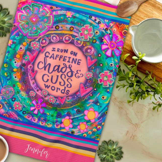 Funny Caffeine Chaos Cuss Words Floral Stripe Name Kitchen Towel (Creator Uploaded)
