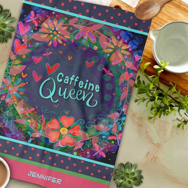 Funny Caffeine Queen Quote Floral Heart Name Kitchen Towel (Creator Uploaded)