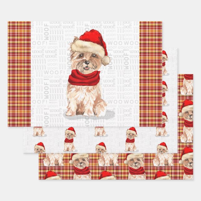 Funny Cairn Christmas Dog and Holiday Plaid Wrapping Paper Sheets (Set)