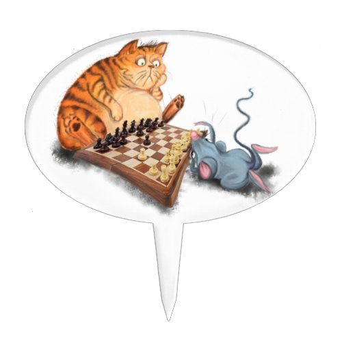 Funny Cake Topper with Cat and Mouse Playing Chess