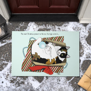 Funny Calico Cat Christmas Gift Box Doormat