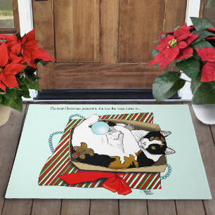 Funny Calico Cat Christmas Gift Box Doormat