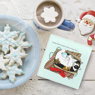 Funny Calico Cat Christmas Gift Box Glass Coaster