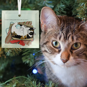Funny Calico Cat Christmas Gift Box Glass Ornament