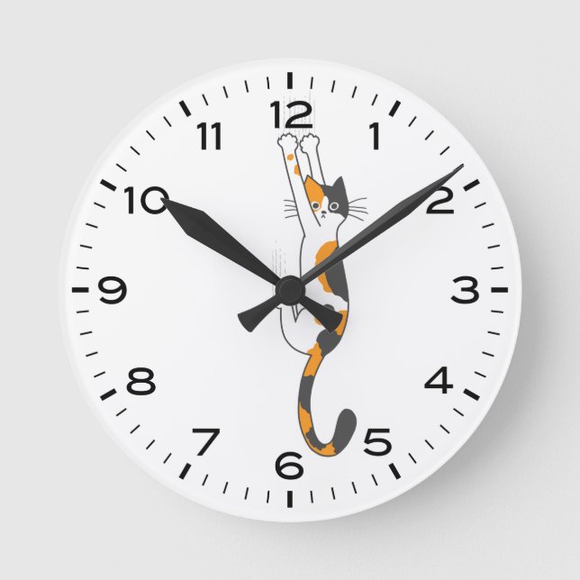 Funny Calico Cat Hanging On  Round Clock (Front)