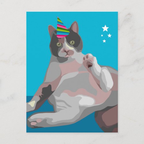Funny Calico Cat in Birthday Party Hat Invitation Postcard