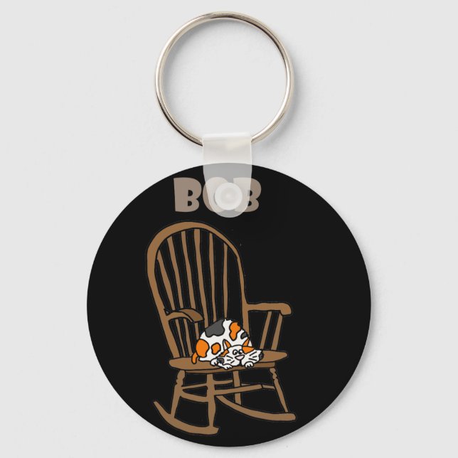 Funny Calico Cat in Rocking Chair Keychain (Front)