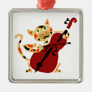 Funny Calico Cat Playing Cello Art Cartoon Metal Ornament