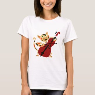Funny Calico Cat Playing Cello Art Cartoon T-Shirt