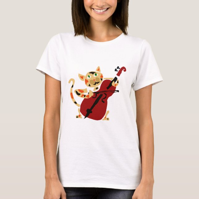 Funny Calico Cat Playing Cello Art Cartoon T-Shirt (Front)