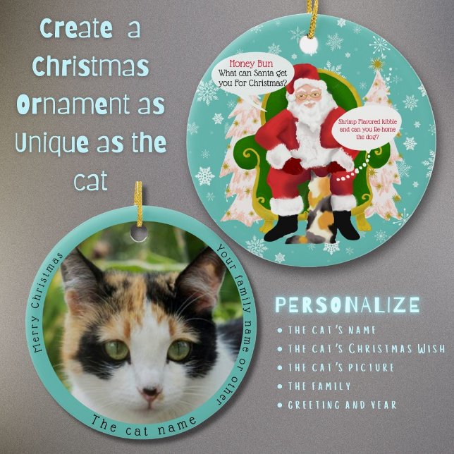 Funny Calico Cat Visits Santa Custom Christmas Ceramic Ornament (Creator Uploaded)