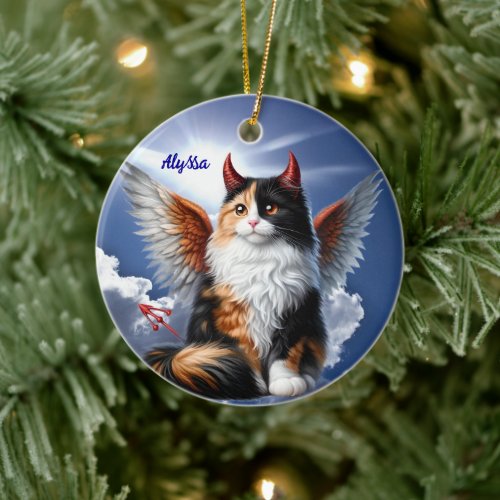 Funny Calico Demon and Angel Cat  Ceramic Ornament