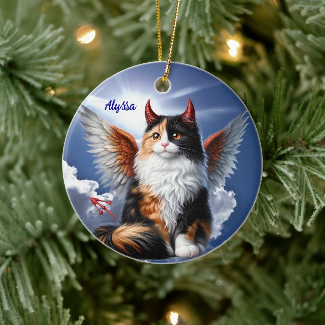 Funny Calico Demon and Angel Cat  Ceramic Ornament (Tree)