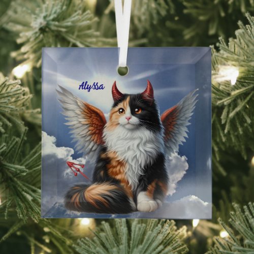 Funny Calico Demon and Angel Cat  Glass Ornament