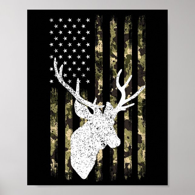 Funny Camouflage Usa Flag Whitetail Buck Deer Hunt Poster (Front)