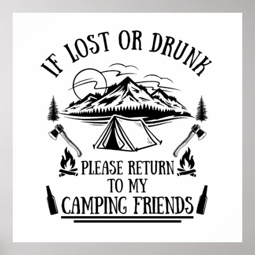 Funny camping and drinking sayings poster