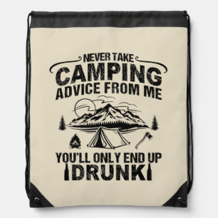 Funny camping drinking sayings drawstring bag