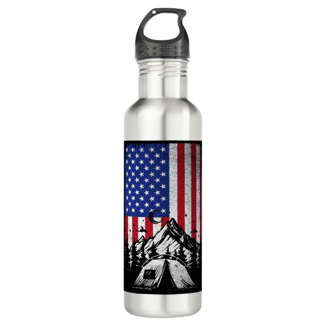 Funny Camping Hiking Lover American Flag  Stainless Steel Water Bottle (Front)