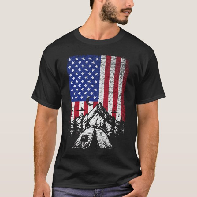 Funny Camping Hiking Lover American Flag  T-Shirt (Front)