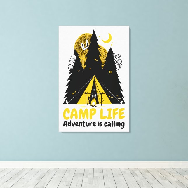 Funny Camping Monster – Camp Life Adventure Canvas Print (Insitu(Wood Floor))