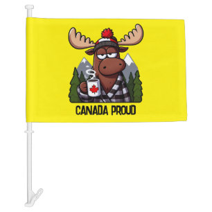 Funny Canadian Moose Coffee Buffalo Plaid Car Flag
