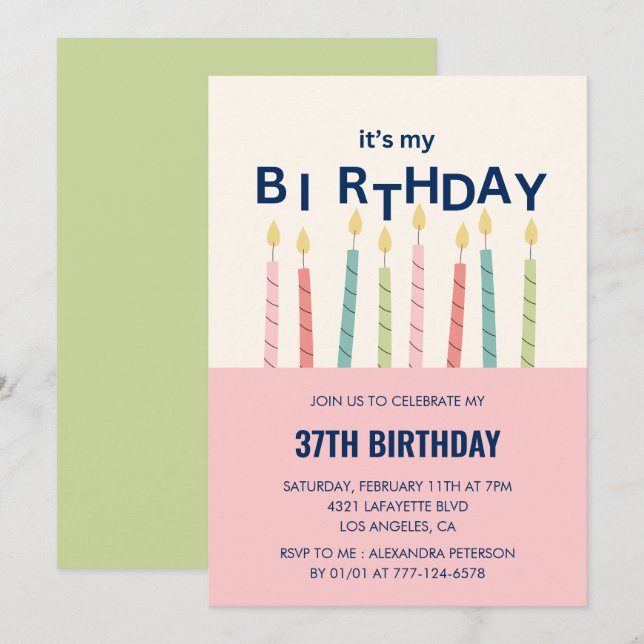 Funny Candle Pink Green 37th birthday invitations  (Front/Back)