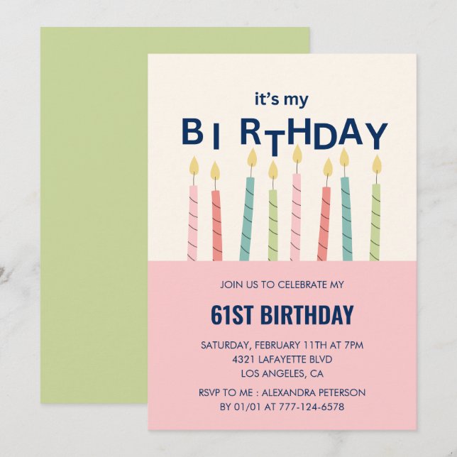 Funny Candle Pink Green 61st birthday invitations  (Front/Back)