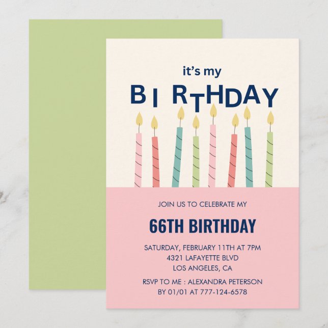 Funny Candle Pink Green 66th birthday invitations  (Front/Back)