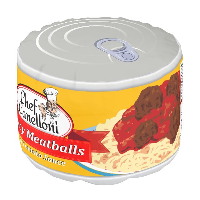 Funny canned meatballs in tomato sauce, pouf (Angled Front)