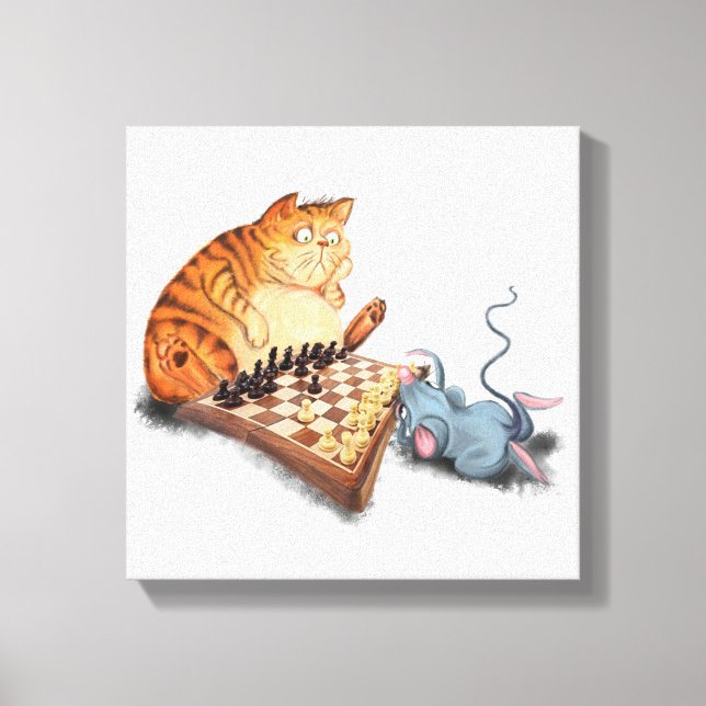 Funny Canvas Print Cat and Mouse Playing Chess (Front)
