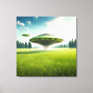 Funny canvas UFO aliens on a green meadow Print