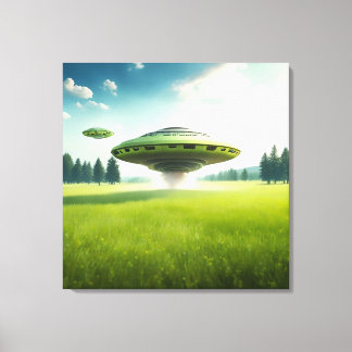 Funny canvas UFO aliens on a green meadow Print
