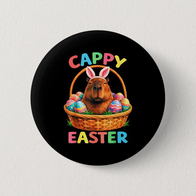 Funny cappy easter capybara bunny with eggs spring button (Front)